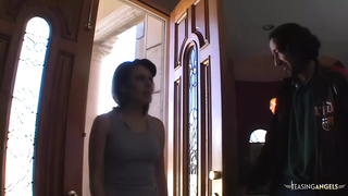 Lexi Belle engages in sexual intercourse with 1 fiance, while another is sexually pleased.