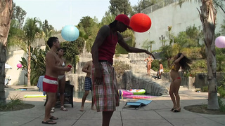 Busty Thai skank gets long african dong fuck after playing by the pool