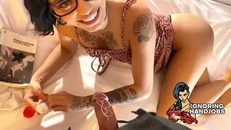 Bend Over Attractive Tattooed Brunette with glasses gives a precum milking slow hand-job while meat teasing and legs spreading