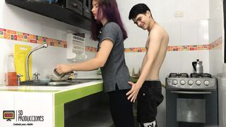Fuck my stepsister while she washes the dishes Sperm - Double