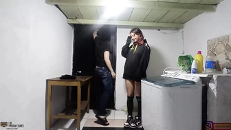 Fuck my horny stepsister while she washes our clothes on the terrace - Porn in Spanish