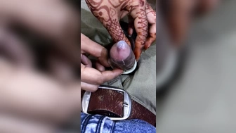 My Indian wifey do hand job using condom