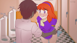 Red-haired Daphne takes off her panties in the toilet in front of an unknown dude without complexes ! Scooby-Doo. Anime Hentai
