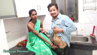 Stepsister Snatch Hard Nailed by her Step Brother, she is wearing a saree. in kitchen